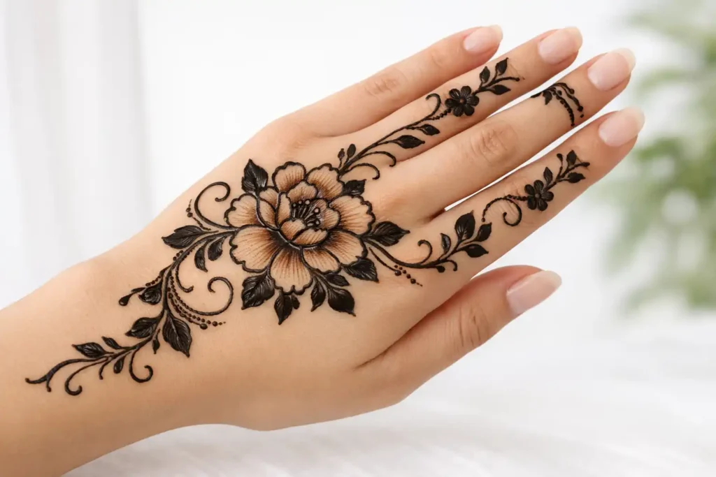 Bold Arabic mehndi design in hand with flowing floral vines