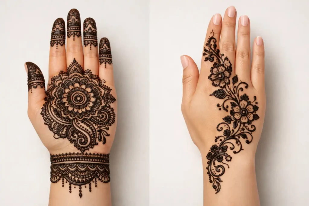 Front-hand and back-hand mehndi design in hand comparison