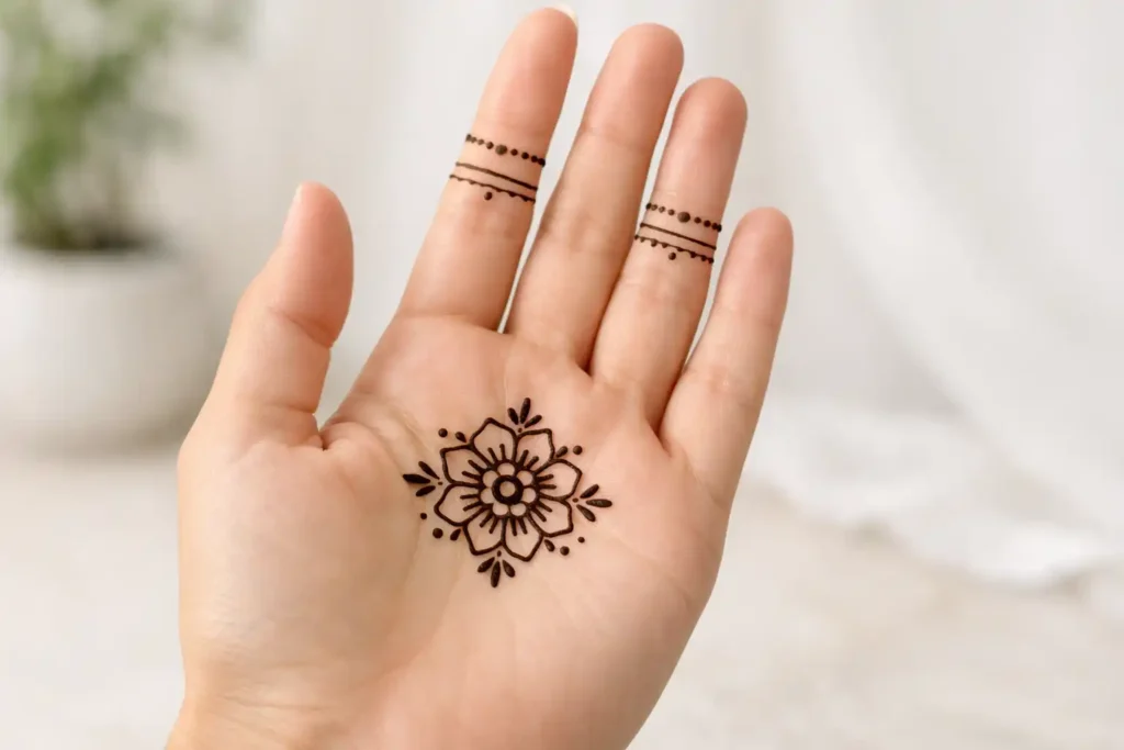 Simple minimal mehndi design in hand for beginners with floral motif