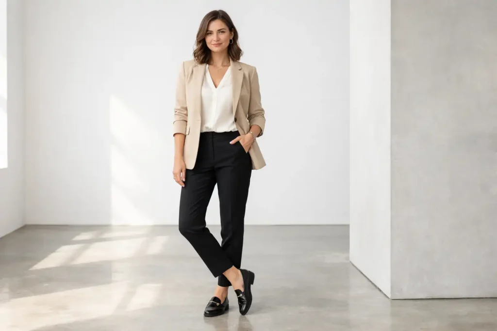 Smart casual dress code outfit ideas for women with blazer and trousers