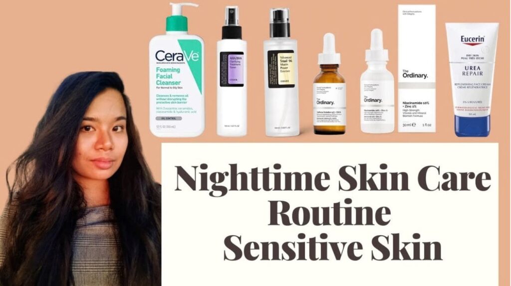 Nighttime skin care routine for sensitive skin showing a woman alongside skincare products including cleanser, toner, serum, niacinamide, and moisturizing cream.