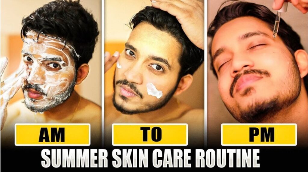 Men's summer skin care routine showing AM to PM steps including cleansing, moisturizing, and applying serum for healthy glowing skin.