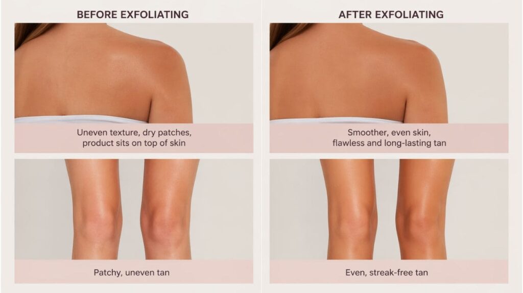 efore and after exfoliation comparison showing uneven skin texture and patchy tan before exfoliating, and smooth, even skin with a flawless tan after exfoliating.