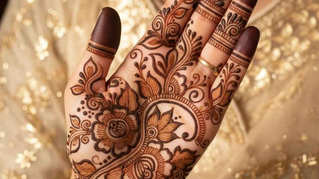 Arabic Palm Mehndi Designs featuring bold outlines and prominent floral motifs with space for an elegant look