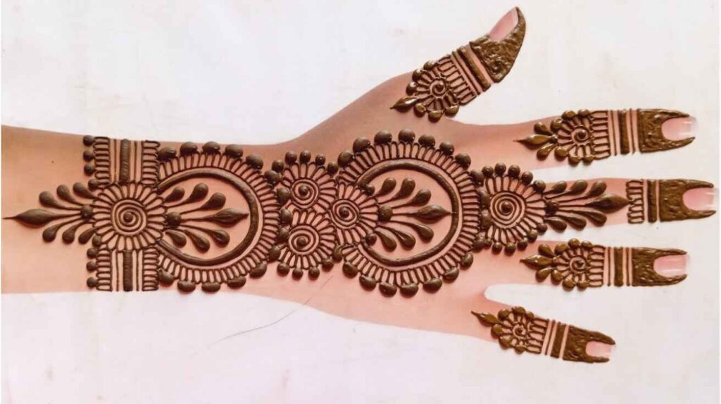 Intricate henna design on a hand with a traditional floral pattern.