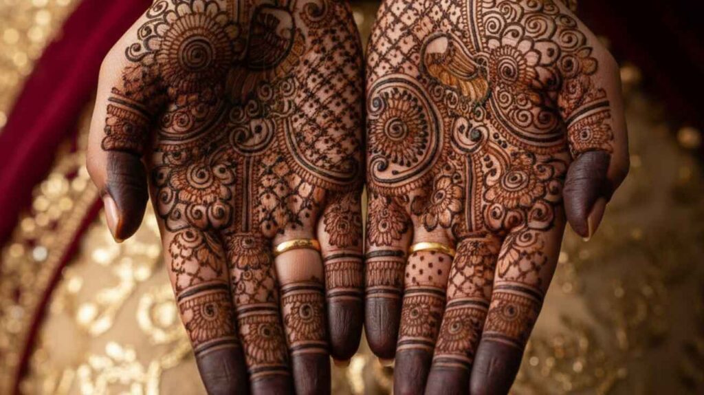 Mandala Palm Mehndi Designs with intricate circular patterns radiating from the center of the palm, showcasing symmetry and detailed artistry.