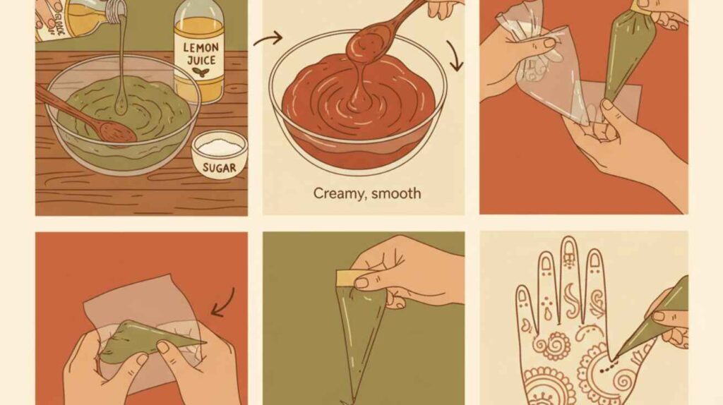 Step-by-step guide for applying Mehndi, including mixing paste, filling a cone, and creating beautiful patterns.