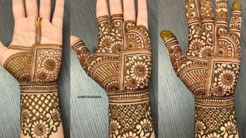Palm Mehndi design with floral and geometric patterns on hand, showcasing intricate detailing.