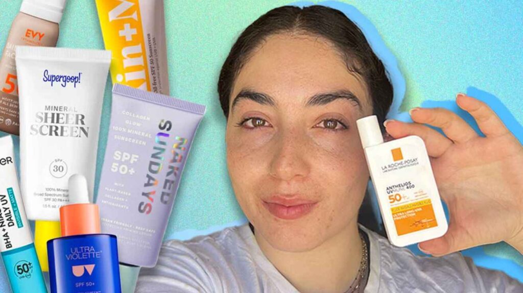 A selection of sunscreens for acne-prone skin displayed on a light marble surface with green leaves surrounding them, showcasing oil-free, matte, and non-comedogenic formulas.