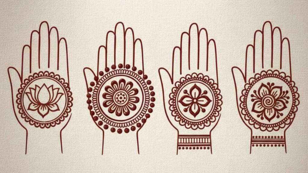 Simple Palm Mehndi Designs for Beginners with clean lines and symmetrical patterns, featuring a central floral motif surrounded by dots and scallops, designed for easy application.