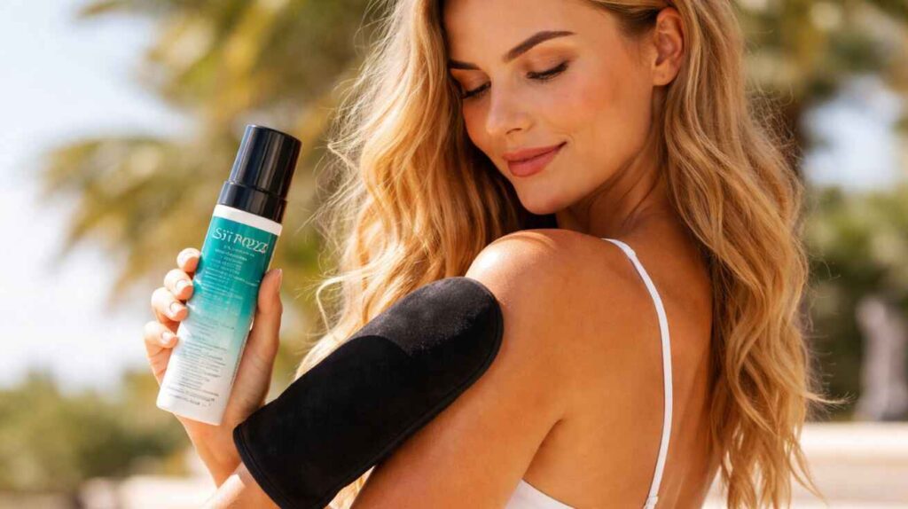A fair-skinned woman applies St. Tropez Self Tan Mousse to her shoulder while holding the bottle and using a tanning mitt.