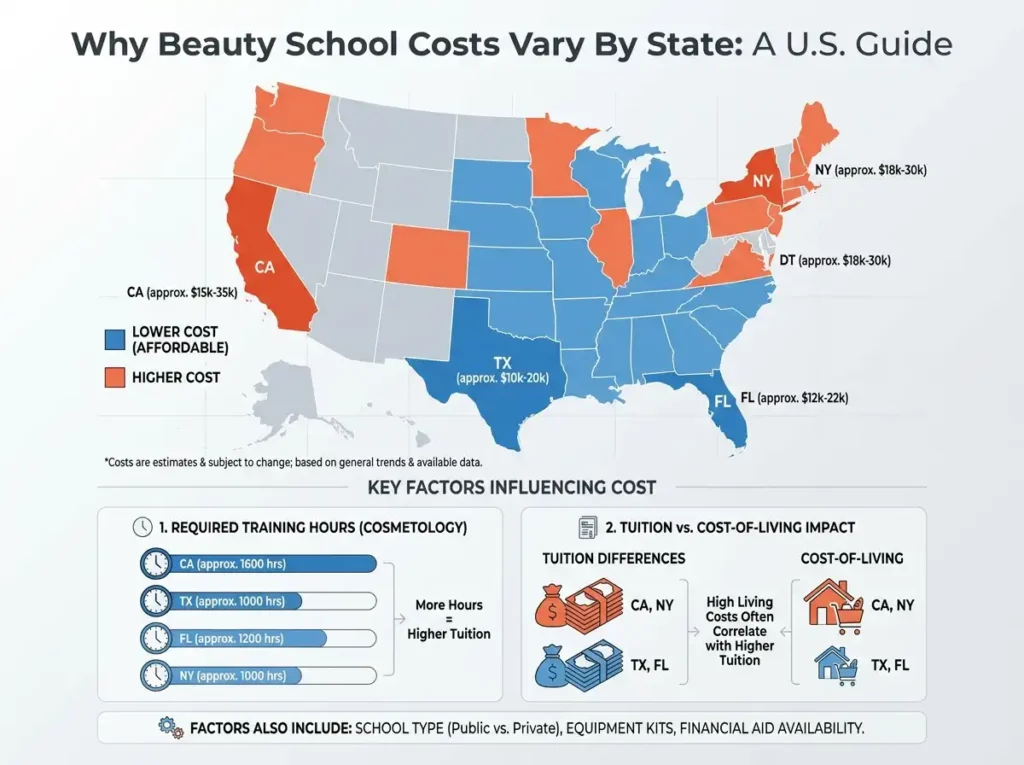 beauty school costs by state infographic map