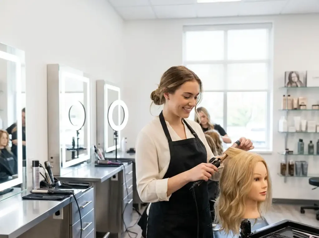 beauty school student practicing hairstyling in cosmetology class