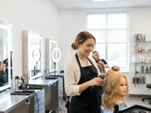 beauty school student practicing hairstyling in cosmetology class