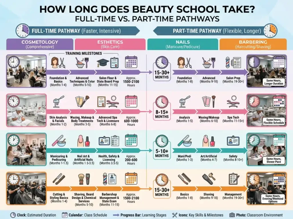 beauty school timeline and training duration infographic