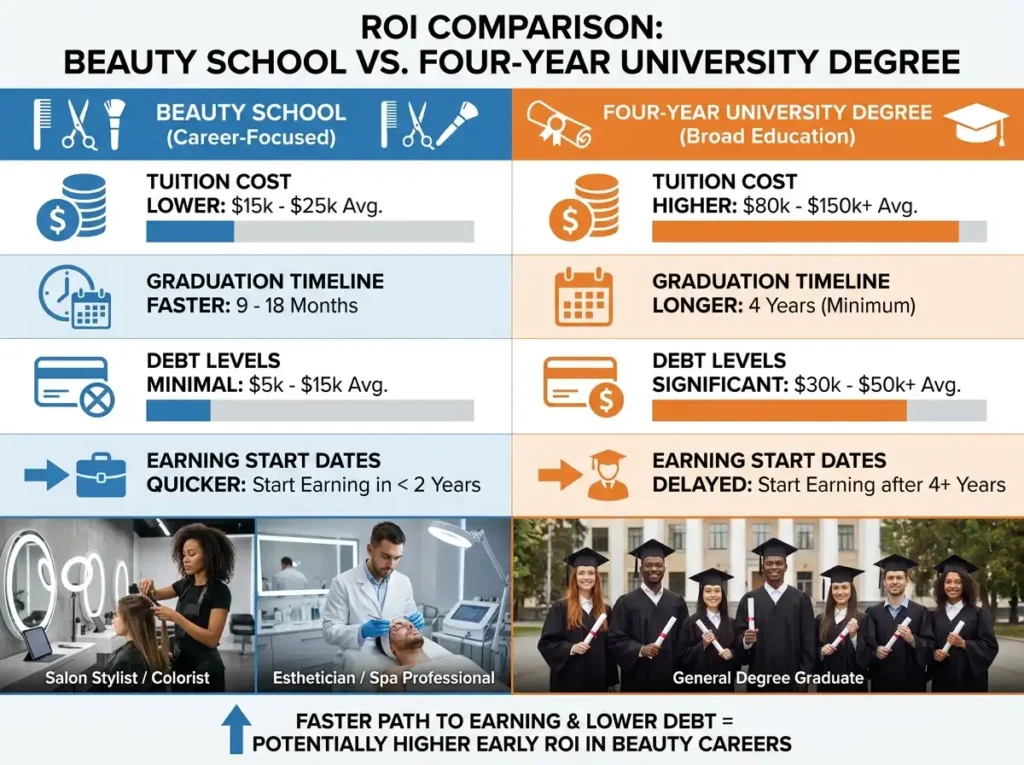 beauty school vs college return on investment infographic