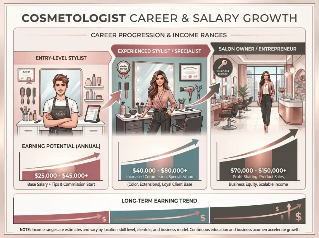 cosmetologist salary growth and earning potential infographic