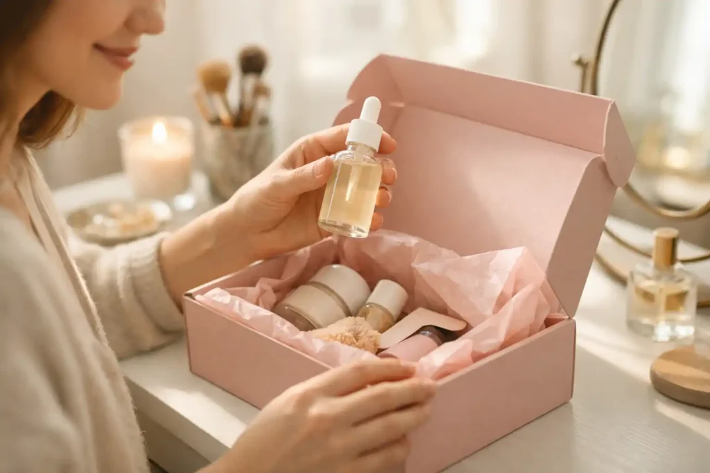 Woman unboxing the Allure Beauty Box at home and trying skincare products
